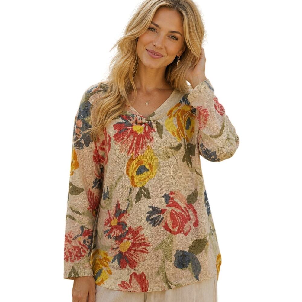Coldwater Creek Floral Sweater Womens Medium Pink Yellow Rose V-Neck Ruched